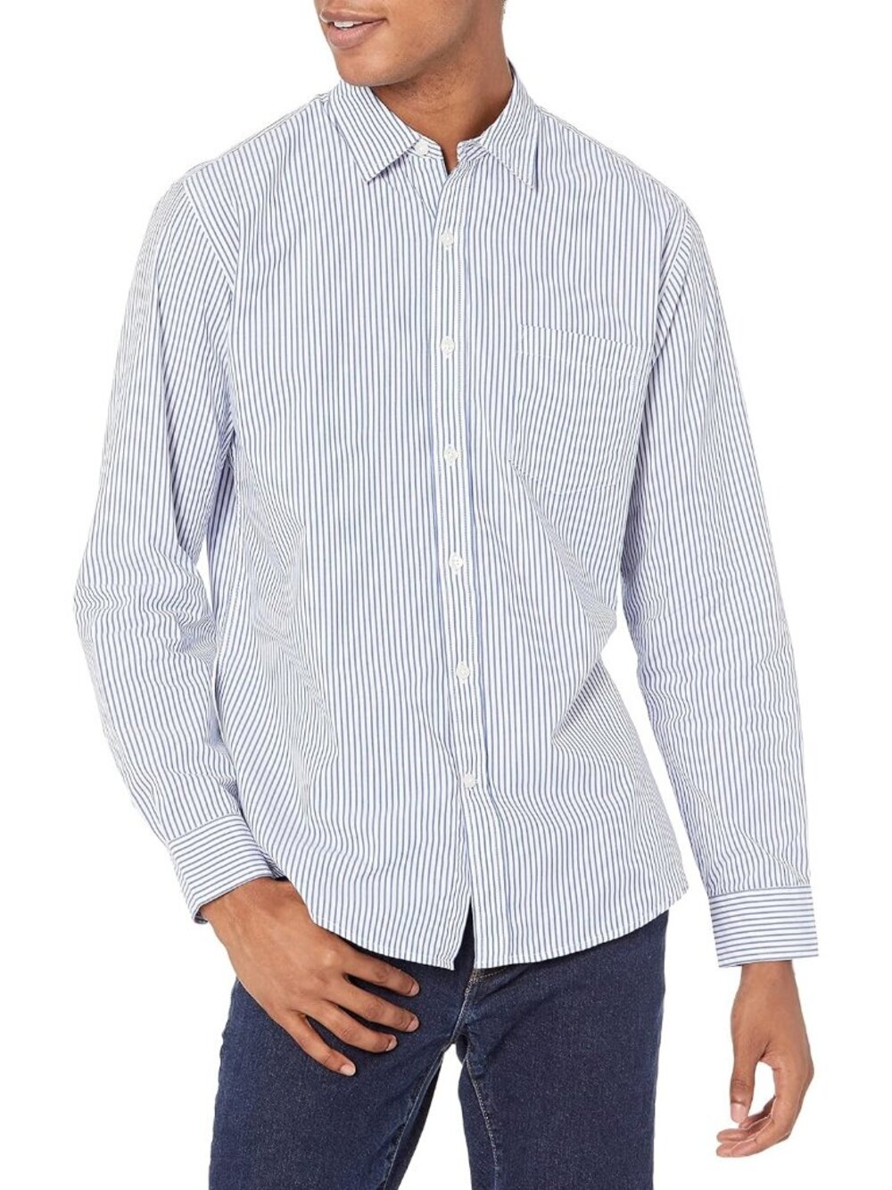 Men's White Vertical Stripe 100% Cotton Imported Long-Sleeve Casual Poplin Shirt